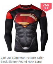 3D Superman Pattern Color Block Skinny Round Neck Long