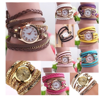 Women's Casual Vintage Multilayer Wristwatch Weave Wrap Rivet Leather Bracelet Wrist Watch